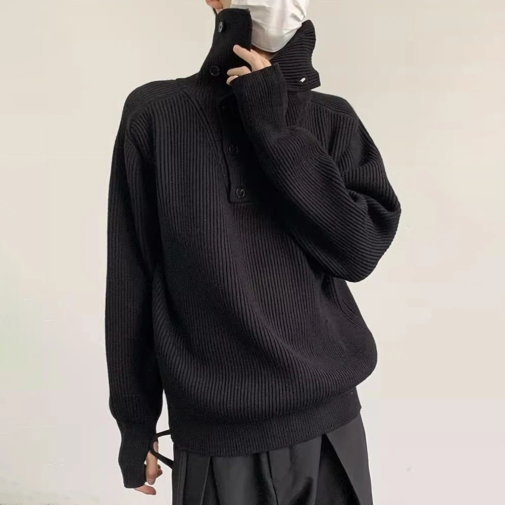 Mens Autumn Winter French Loose Turtleneck Buttoned Knitted Sweater Essential Solid Color Simple Lazy Style Knitted Sweater