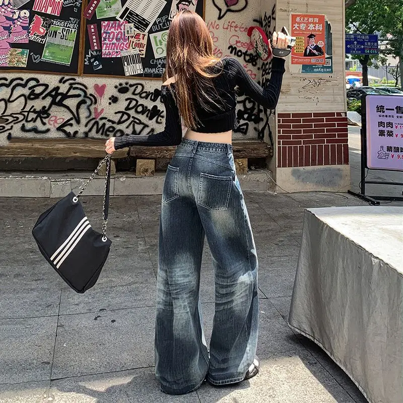 

WCFCX STUDIO High Waist Wide Leg Jeans Women Loose Straight Long Pants Vintage American Retro Sle Slimming Floor-Length Trousers