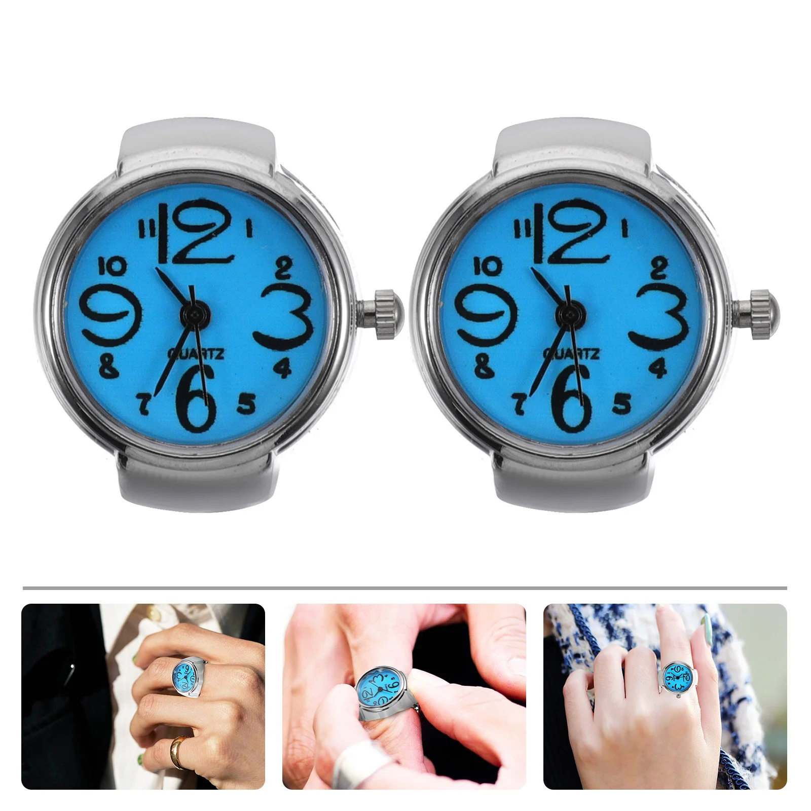 

2Pcs Couple Ring Watch Creative Quartz Finger Wear Mini Time Display Large Number Accessories Blue for Women Men