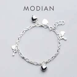Modian New 925 Sterling Silver Simple Hearts Key Charm Bracelet Bangle for Women Link Chain Korea Style Fine Jewelry Pulseira