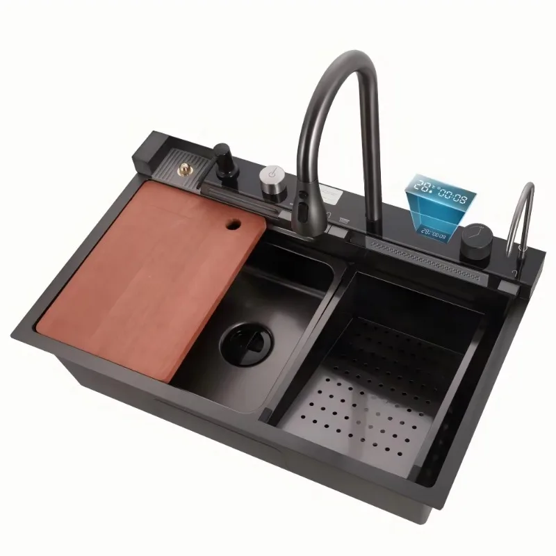 China Kitchen Sinks 201 304 Black Luxury Undermount Modern Multifunction Smart Stainless Steel Waterfall Sinks for the Kitchen