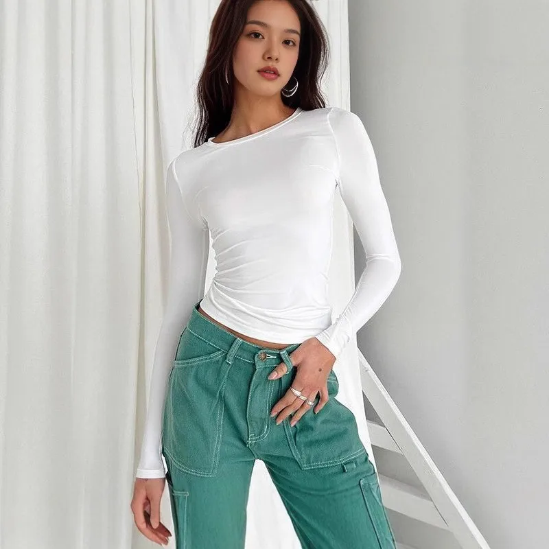 تي شيرت نسائي غير رسمي موديل 2026 بأكمام طويلة ورقبة دائرية تي شيرت علوي لربيع وخريف بلون سادة مع ملابس الشارع #4