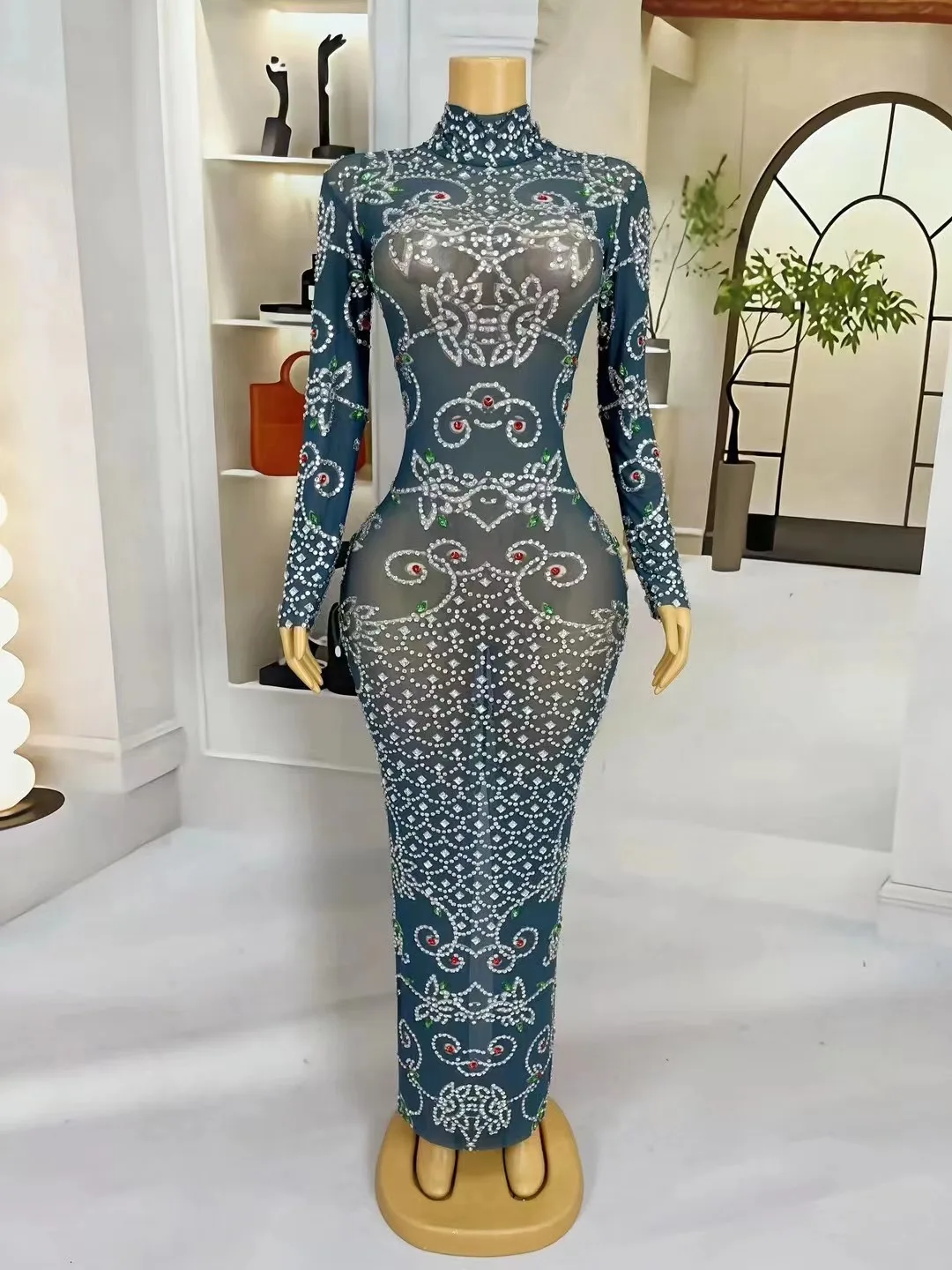 

Black Gauze Long Sleeves Shining Rhinestones Crystal Sexy Dress For Women Evening Celebrity Clothing Singer Stage Costumes