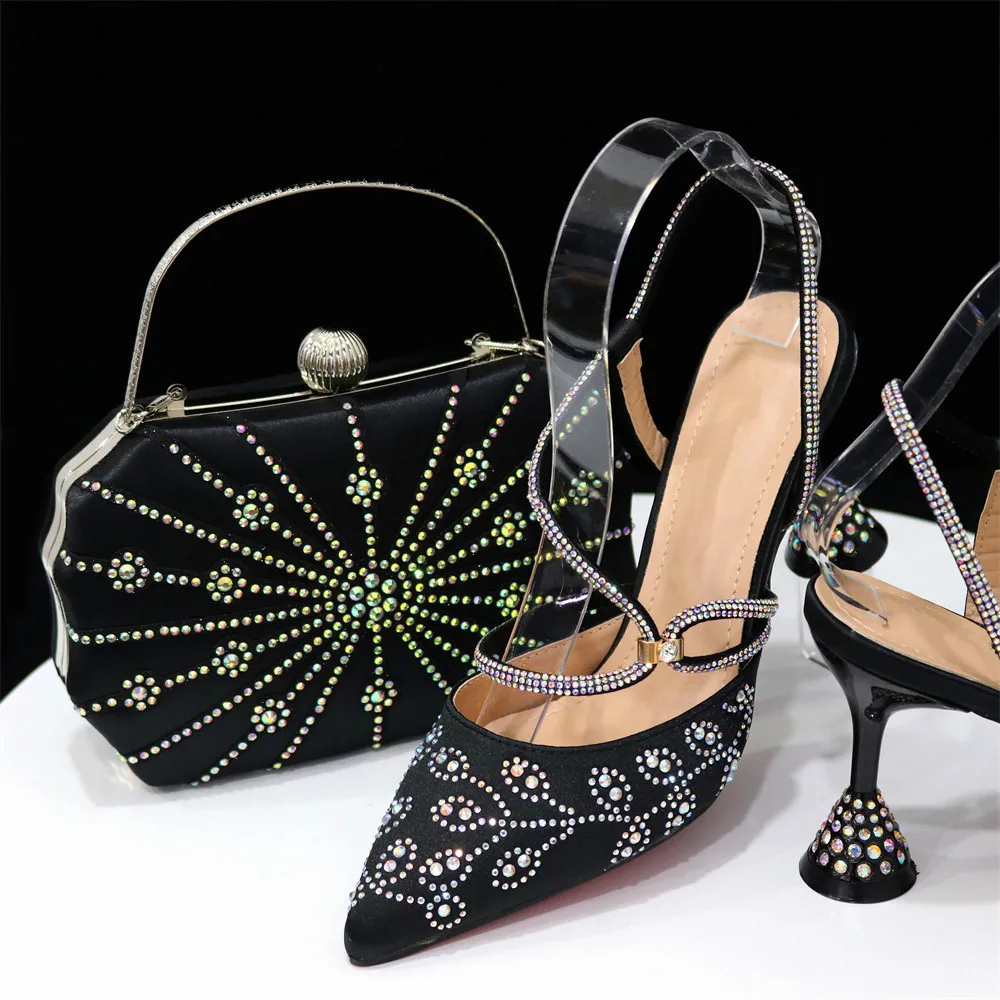 High Quality New Design Rhinestone Shoes And Bag Set African Ladies Middle Heels Shoes And Bag Set For Wedding Party On Stock