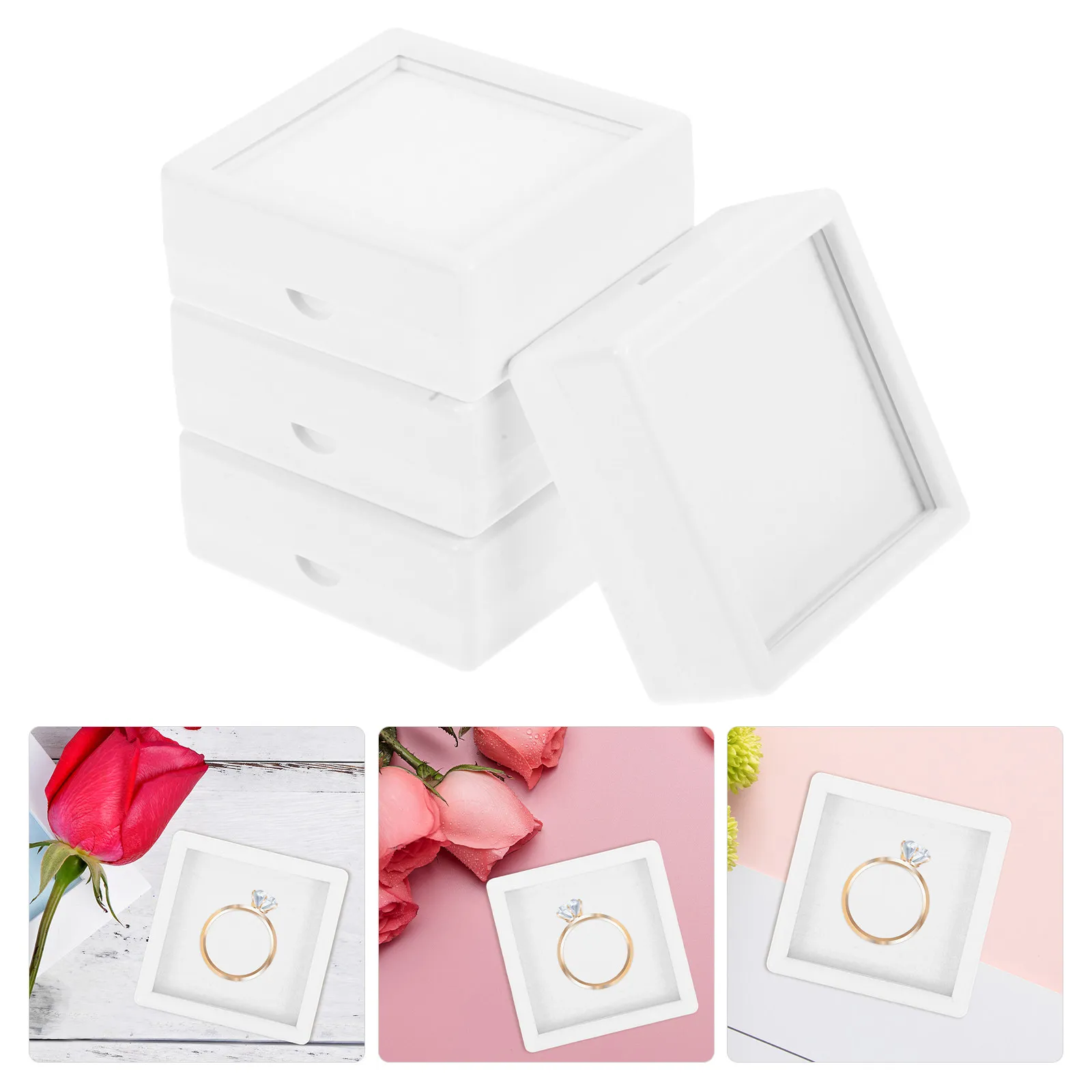 

4Pcs Jewelry Storage Box White Mini Square Sponge Lined Clear Lid Ring Earring Stone Display Organizer Proposal Wedding Holder