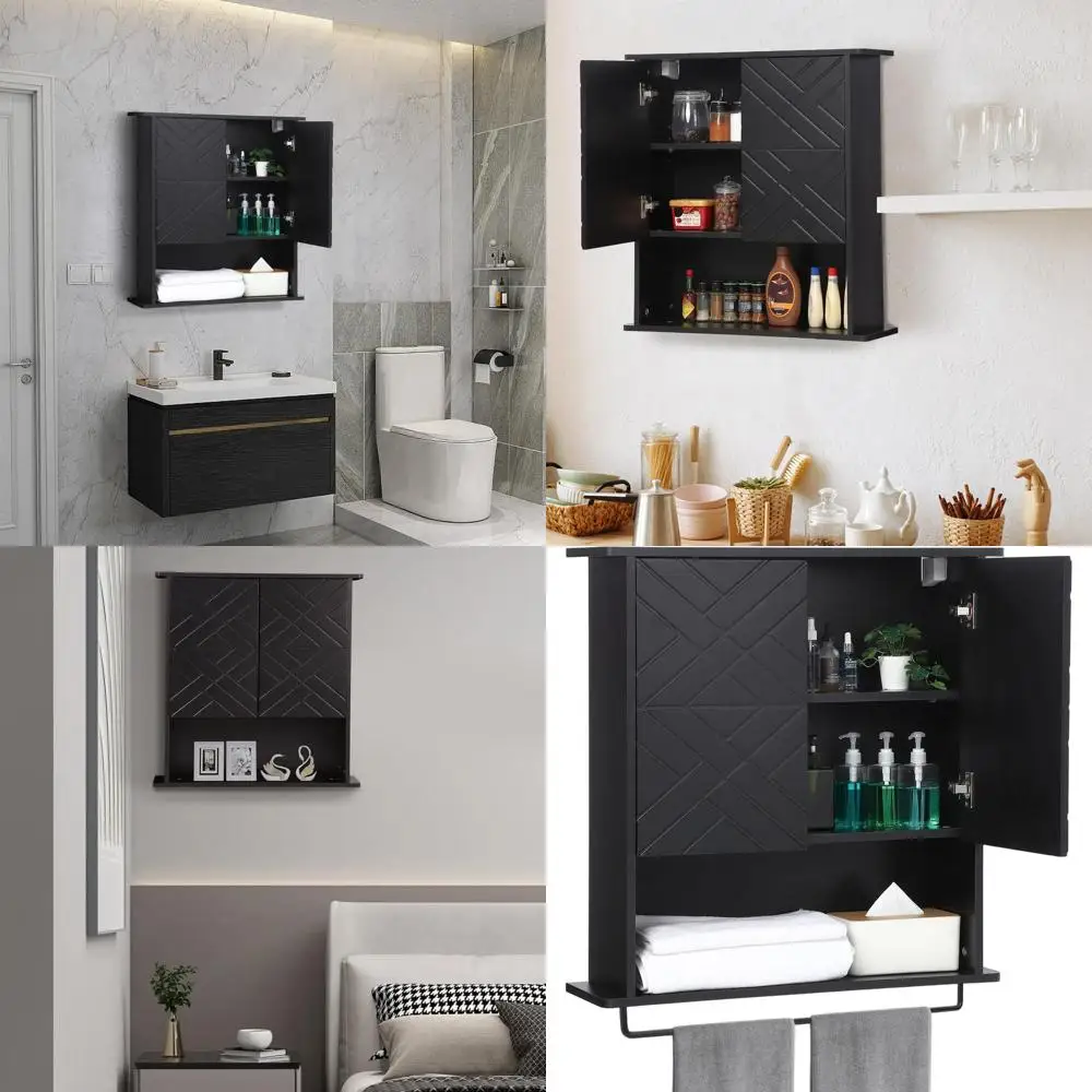

Medicine Cabinet with Two Door, Wood Wall Mounted Storage Cabinet with Adjustable Shelf and Towel Bar, 3-Tier Cupboard for Bathr