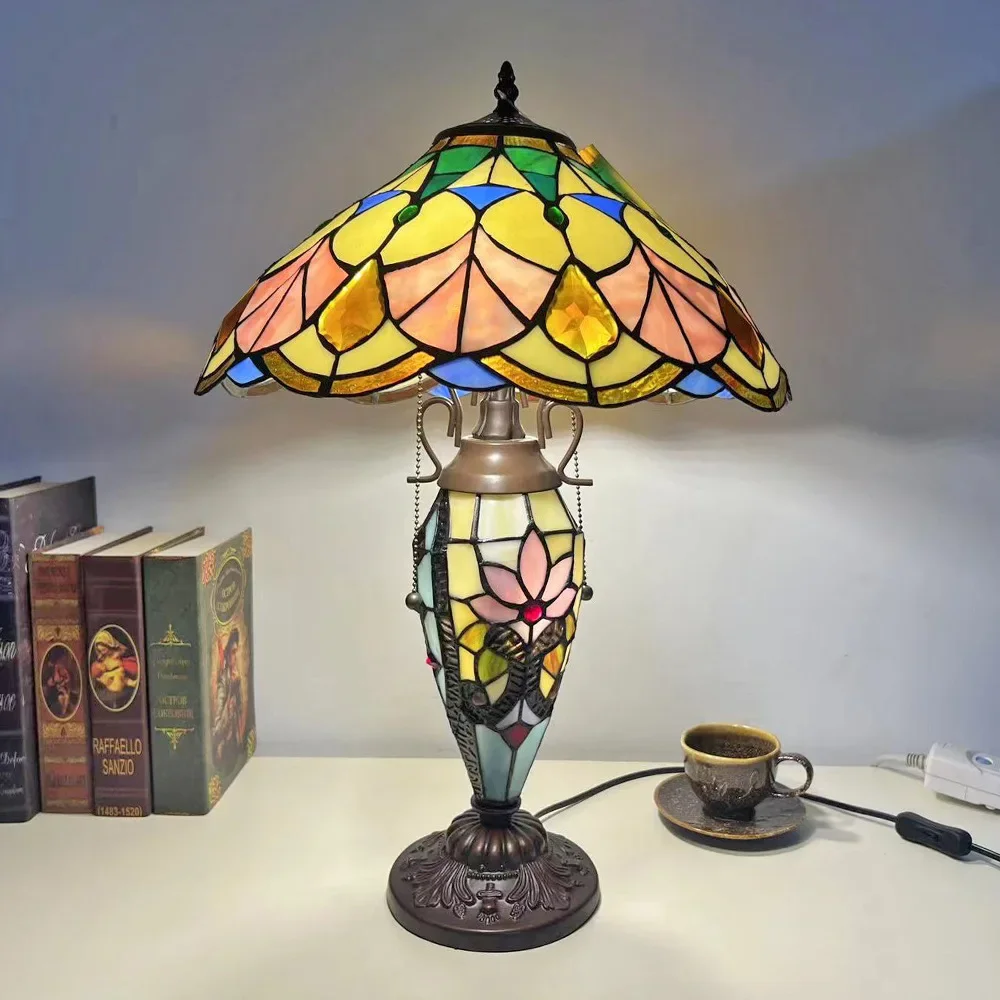 

Luxury Dia 40cm Stained Glass Lampshade Table Lamp with Mother-Daughter Vase Blue Victorian Tiffany Desk Light