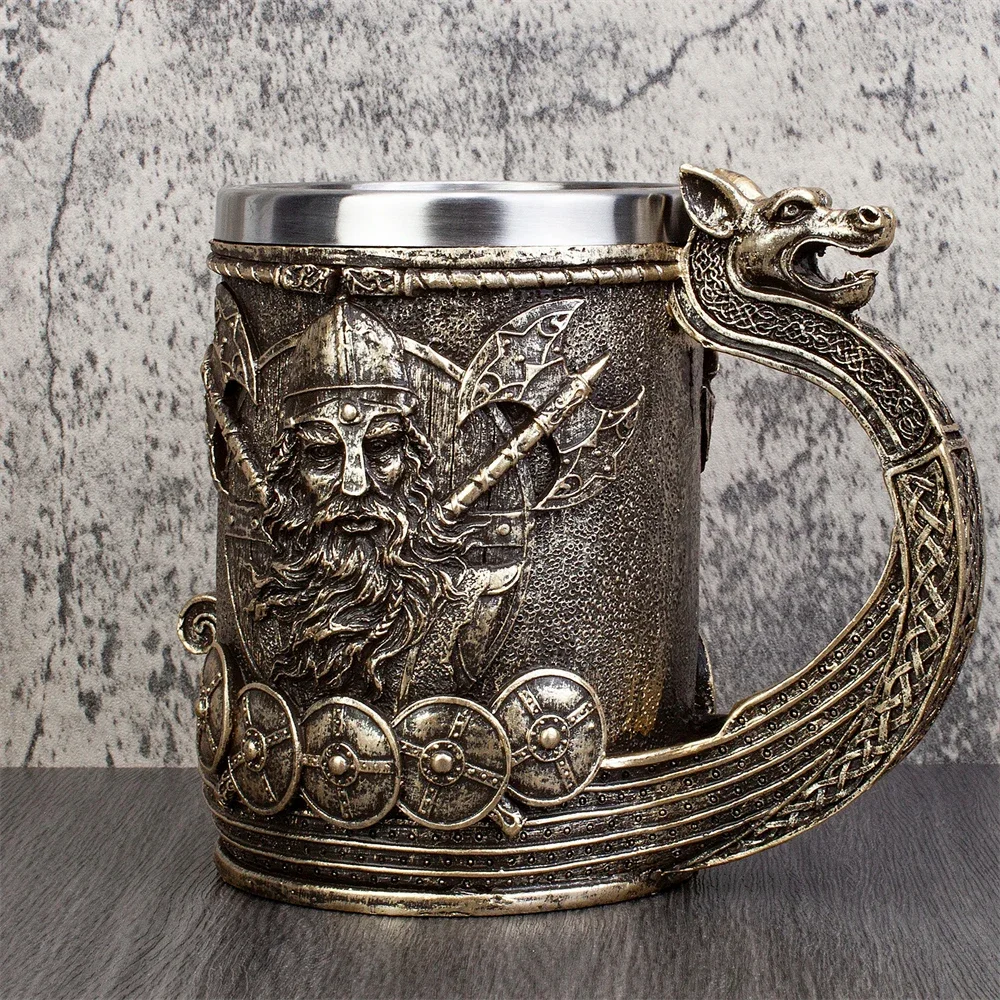 Nordic Mythology Viking Beer Glass Resin Stainless Steel Mug Beer Steins Tankard Coffee Cup Tea Tumbler Drinkware Pub Bar Decor