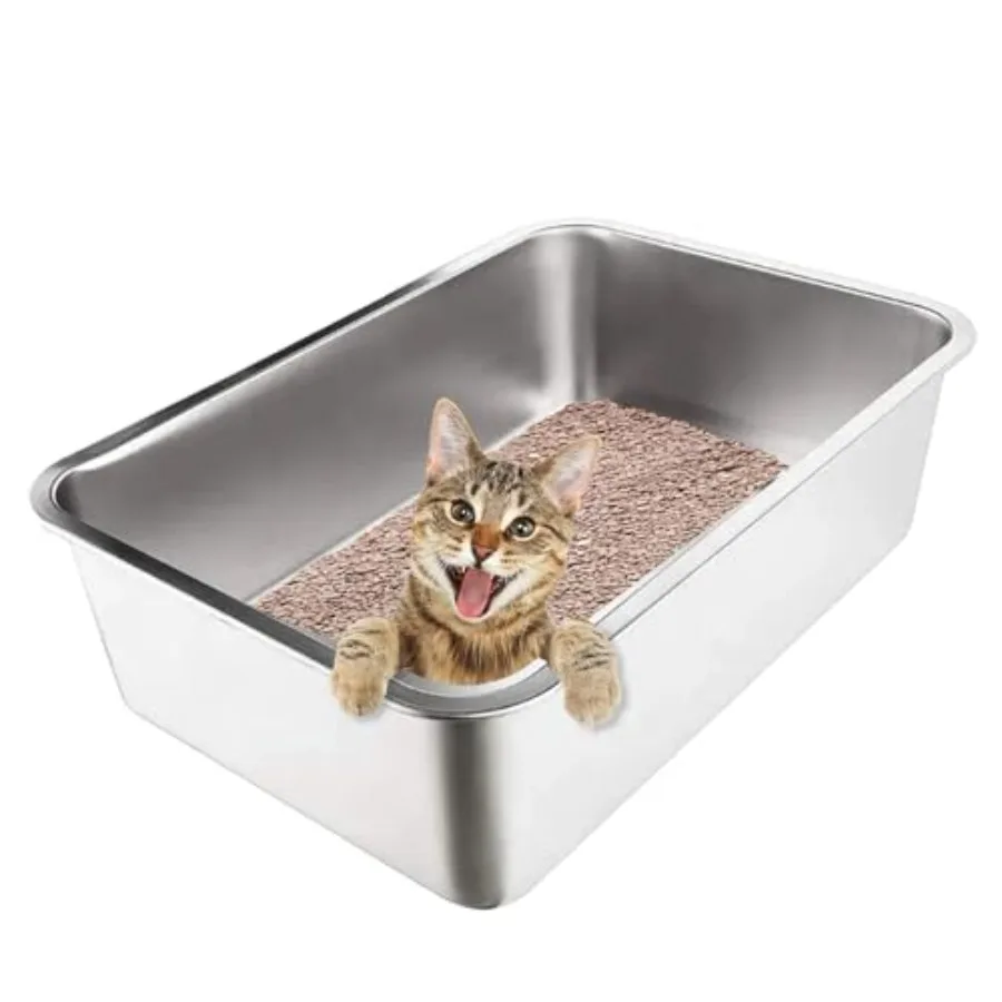 

Stainless Steel Cat Litter Box with High Sides - Never Absorbs Odor Stains or Rusts - Non Stick Smooth Surface for Cats and Rab