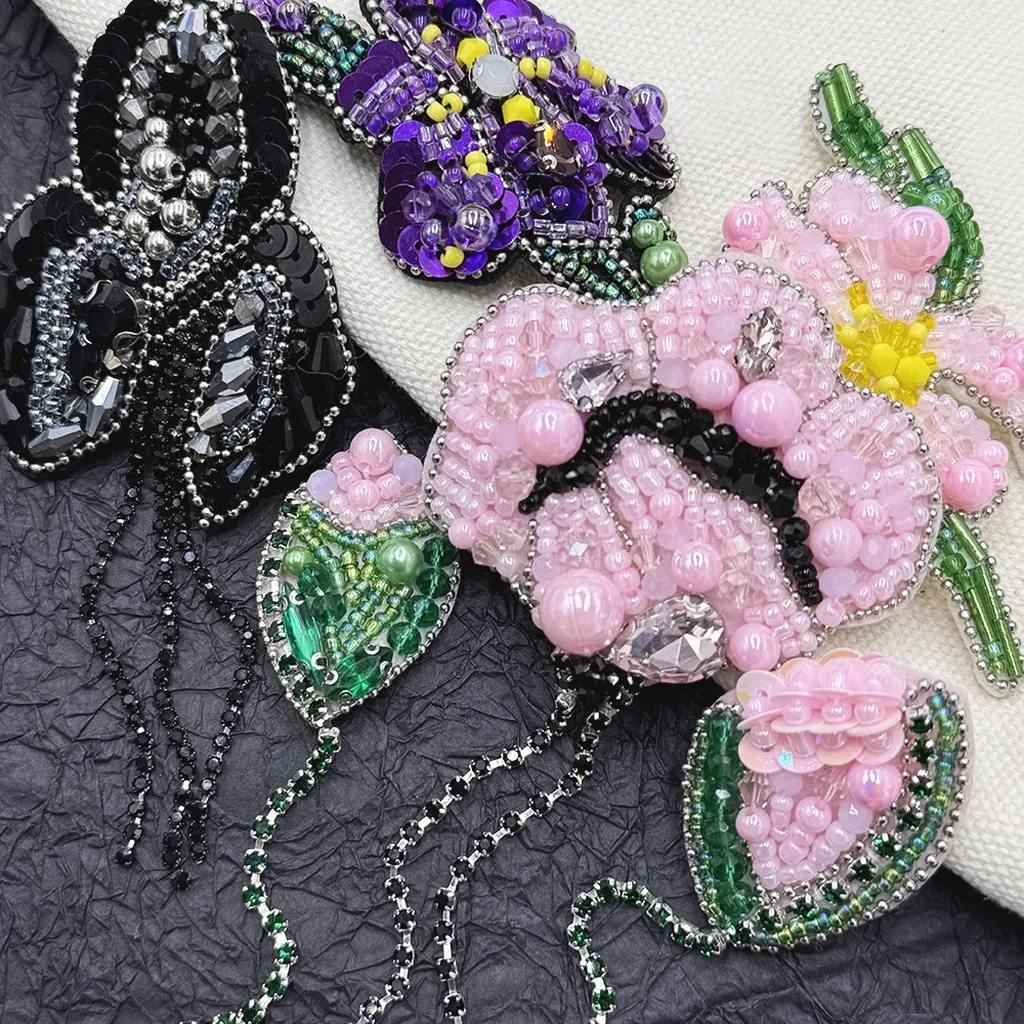 Vintage Artistic Atmosphere Headscarf Luxury Handmade Tassel Flower Beaded Patches for DIY Clothing Bags Decoration Craft