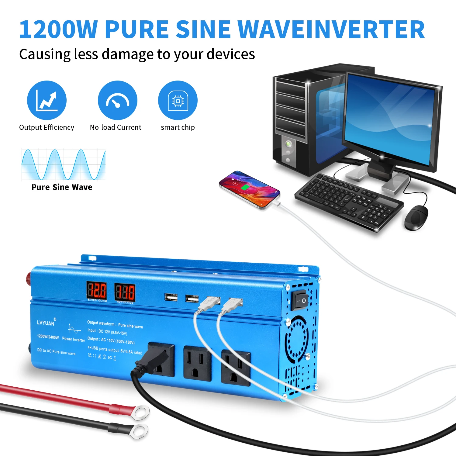 3000 واط 2400 واط العاكس موجة جيبية نقية DC12V إلى AC220V/110 فولت شاشة LED لثلاجة السيارة الخارجية/المصباح الكهربائي/الغلاية