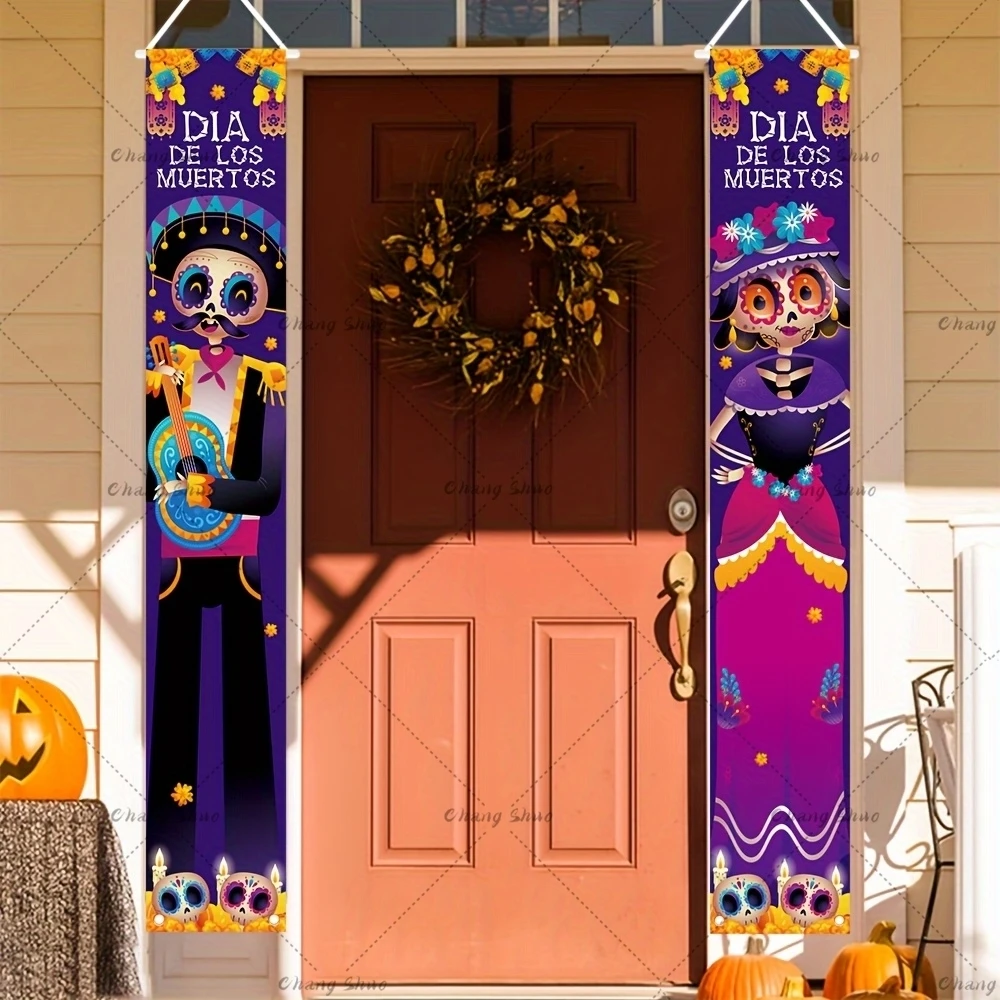 Mexican Day Of The Dead Party Porch Sign Halloween Hanging Door Curtain Banner Picado Papel Mexican Fiesta Sign Party Decoration