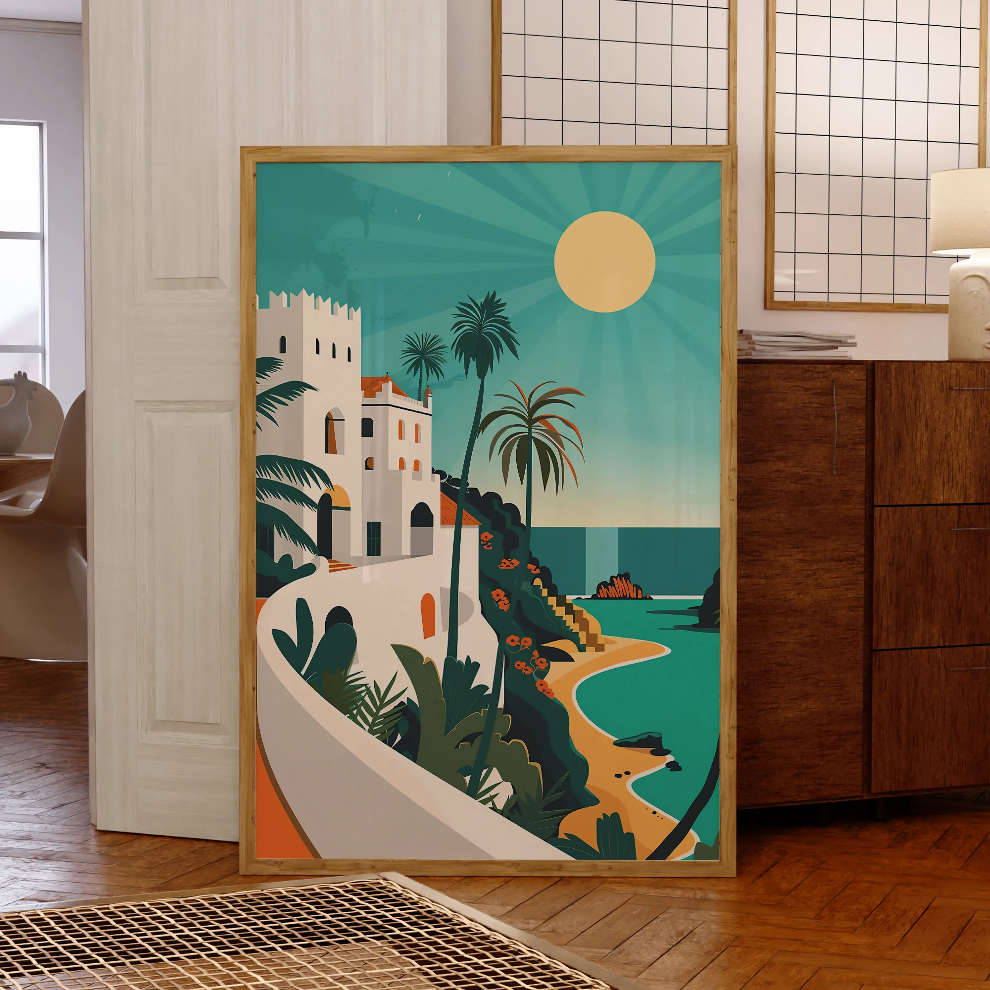 Modern Midjourney Serene Scena tropicale Edificio bianco Stampe d'arte da parete Pittura su tela Poster Immagine per soggiorno Decorazioni per la casa