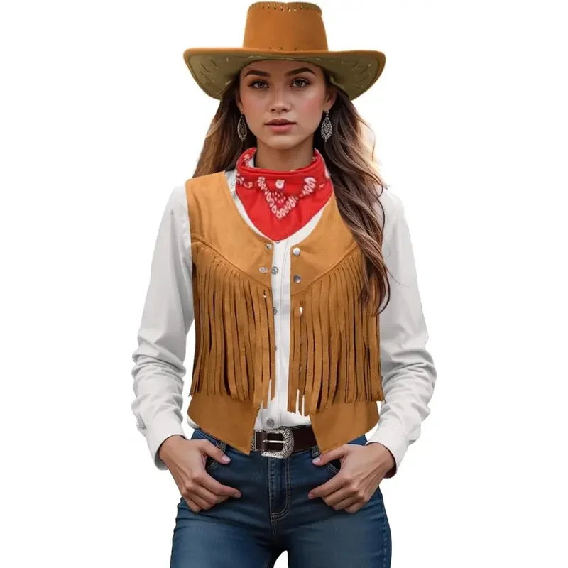 Женский и мужской костюм пастушки, жилет в стиле вестерн, шляпа, пояс, бандана, комплект для ковбойского жилета с кисточками и бахромой, наряды на Хэллоуин, дикий западный косплей Женский и мужской костюм пастушки, жилет в стиле вестерн, шляпа, пояс, бандана, комплект для ковбойского жилета с кисточками и бахромой, наряды на Хэллоуин, дикий западный косплей