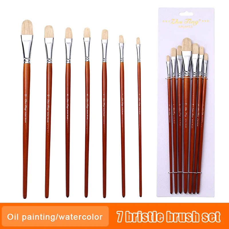 7Pcs Professional Hog Bristle Filbert Oil Paint Brushes Set Long Wooden Handle For Oil Acrylic Painting Art Supplies