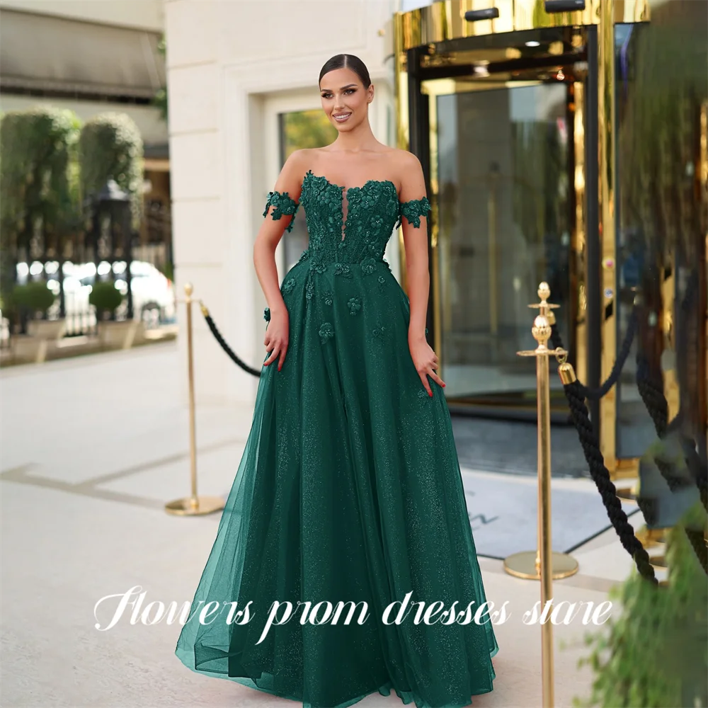 

Flowers Emerald Green Prom Dresses Off the Shoulder Evening Dresses with 3D Floral A Line Party Dress Robe De Soirée Customized