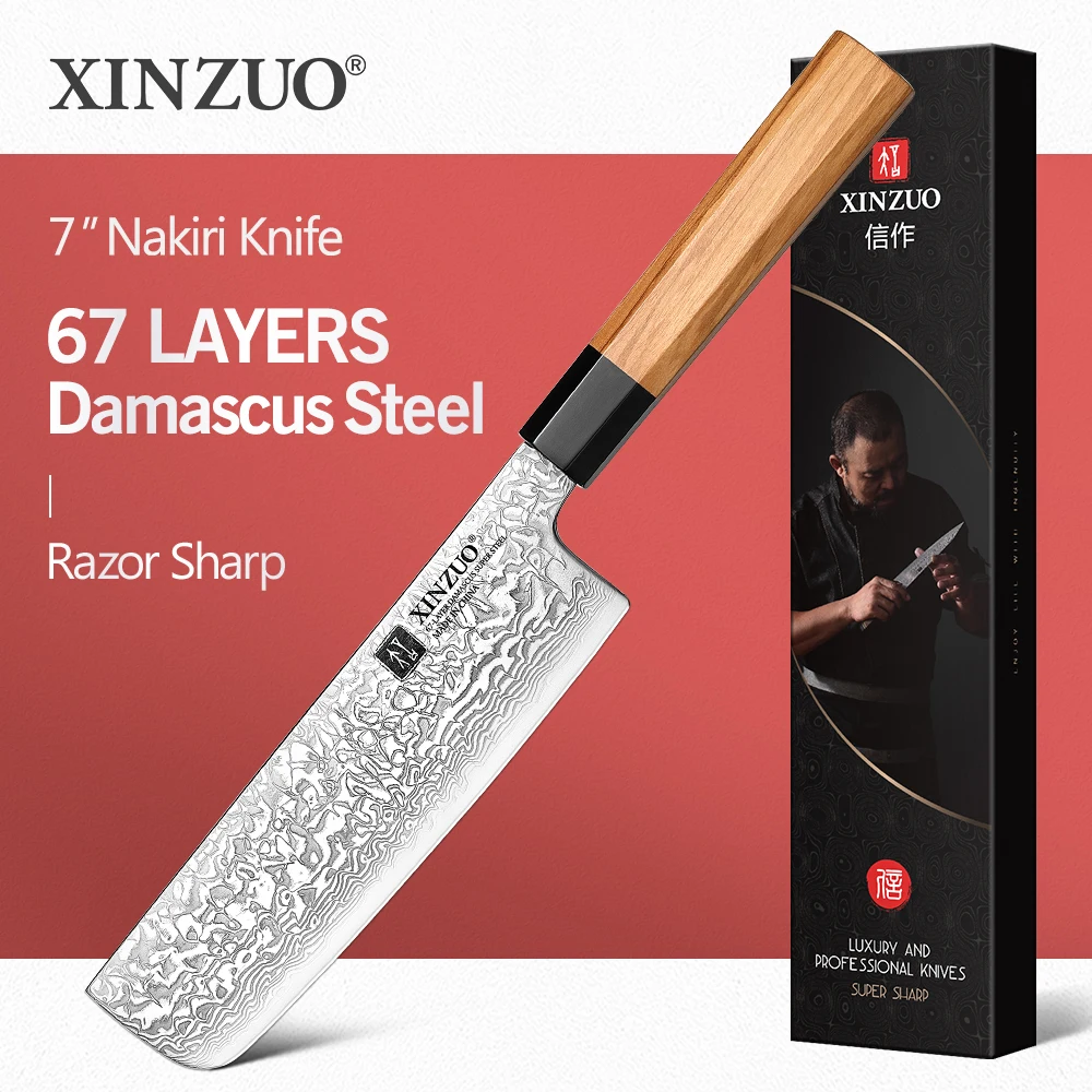 XINZUO 7'' Nakiri Knife Damascus Knife Genuine Vegetable Chopper High Quality Olive Handle Kitchen Novel Kitchen Accessories