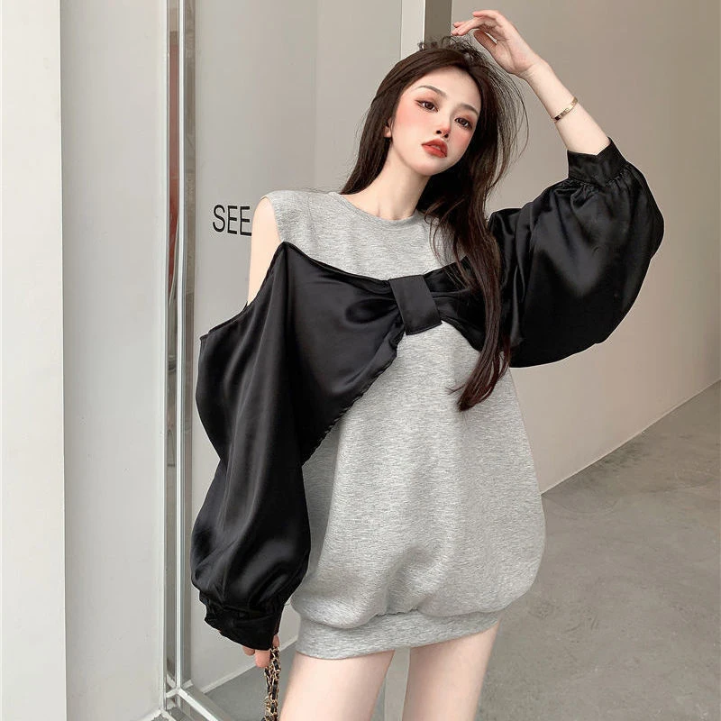 150kg Can Wear Bow Open Shoulder Fake Two Pieces Oversized 2xl 2022 Summer Long Sleeve Women T Shirt Korean Fashion Harajuku Top