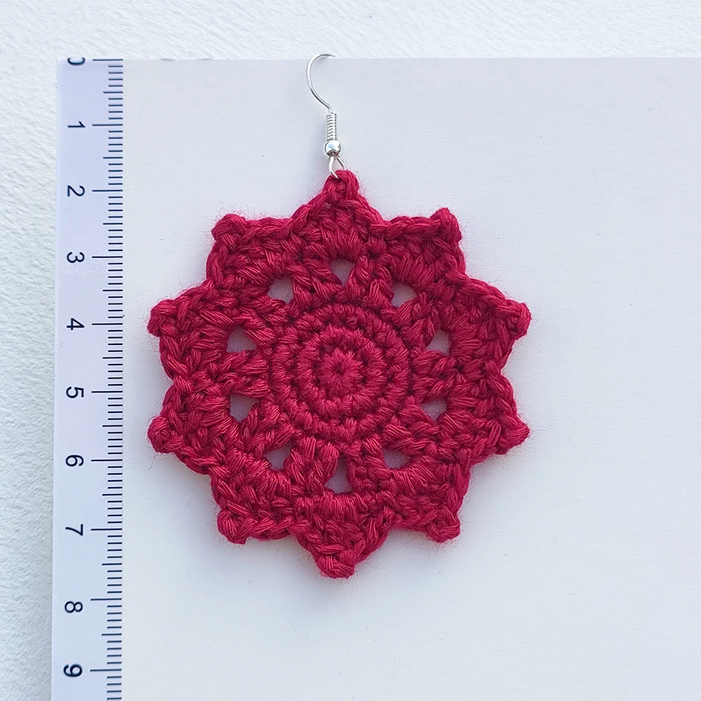 Crochet Chinese Style Red Round Flower Earrings For Women National Style Jewelry Gift 2024 ﻿Handmade 100%