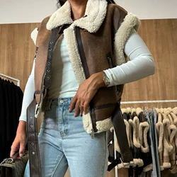 Women's Winter Faux Suede Vest Sleeveless Zipper-Up Fleece Sherpa Lined Jacket Fashion Casual Outerwear Coat!