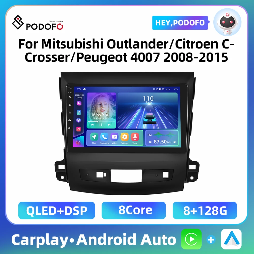 Podofo 8+128GB Car Radio For Mitsubishi Outlander/Citroen C-Crosser/Peugeot 4007 2008-2015  2 Din Android Carplay 4G WIFI Radio