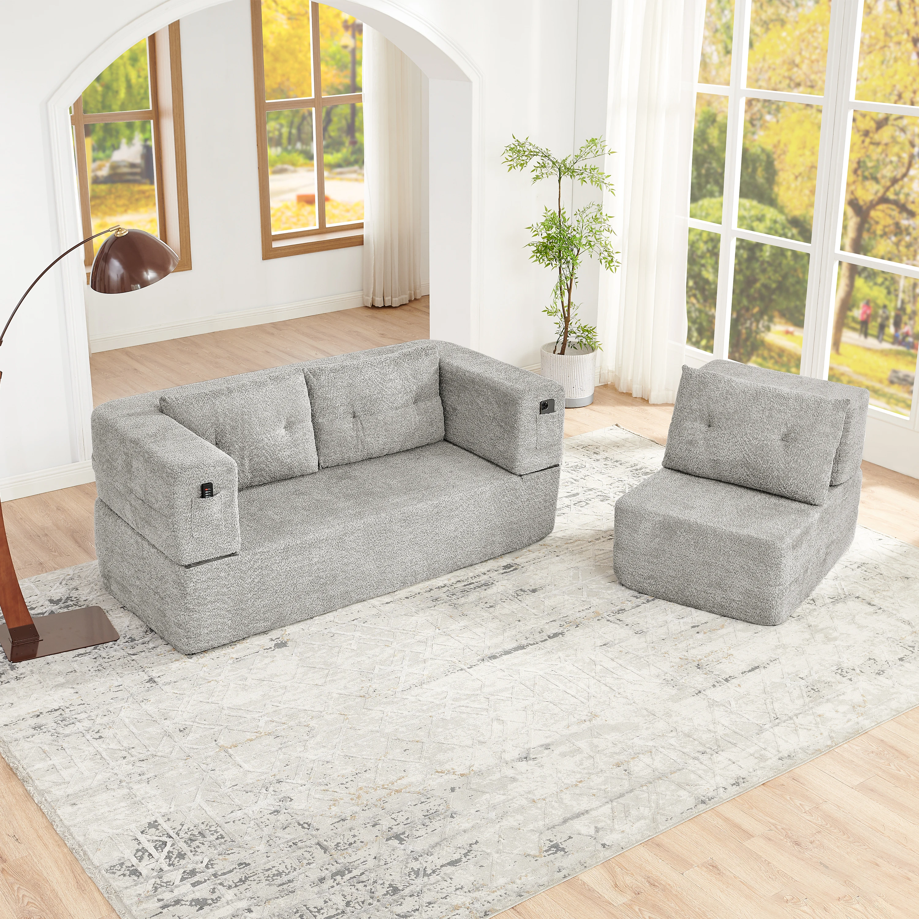 Canapé modulaire Cloud avec ottoman, canapé-lit convertible sans assemblage requis, lit d'appoint pliable et canapé au sol, canapé transformable avec poches latérales sur l'accoudoir avant pour téléphone et télécommande, gris clair
