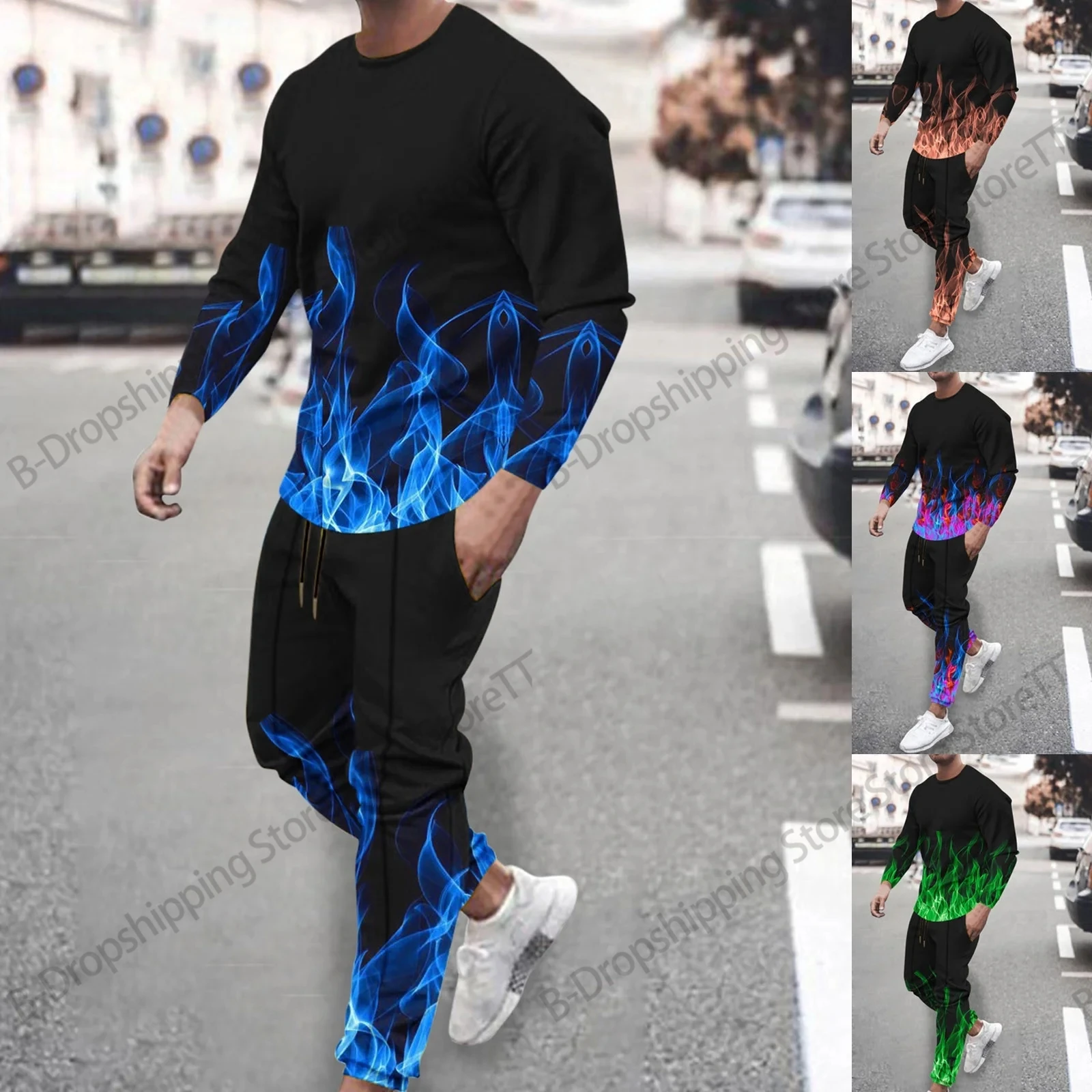 

Pants Set Blue Flame 3d Print Sets Men Fashion Long Sleeve T-shirt+Pants 2Pcs Sets Sports Casual Suits 2 Piece Outfits Sweatsuit