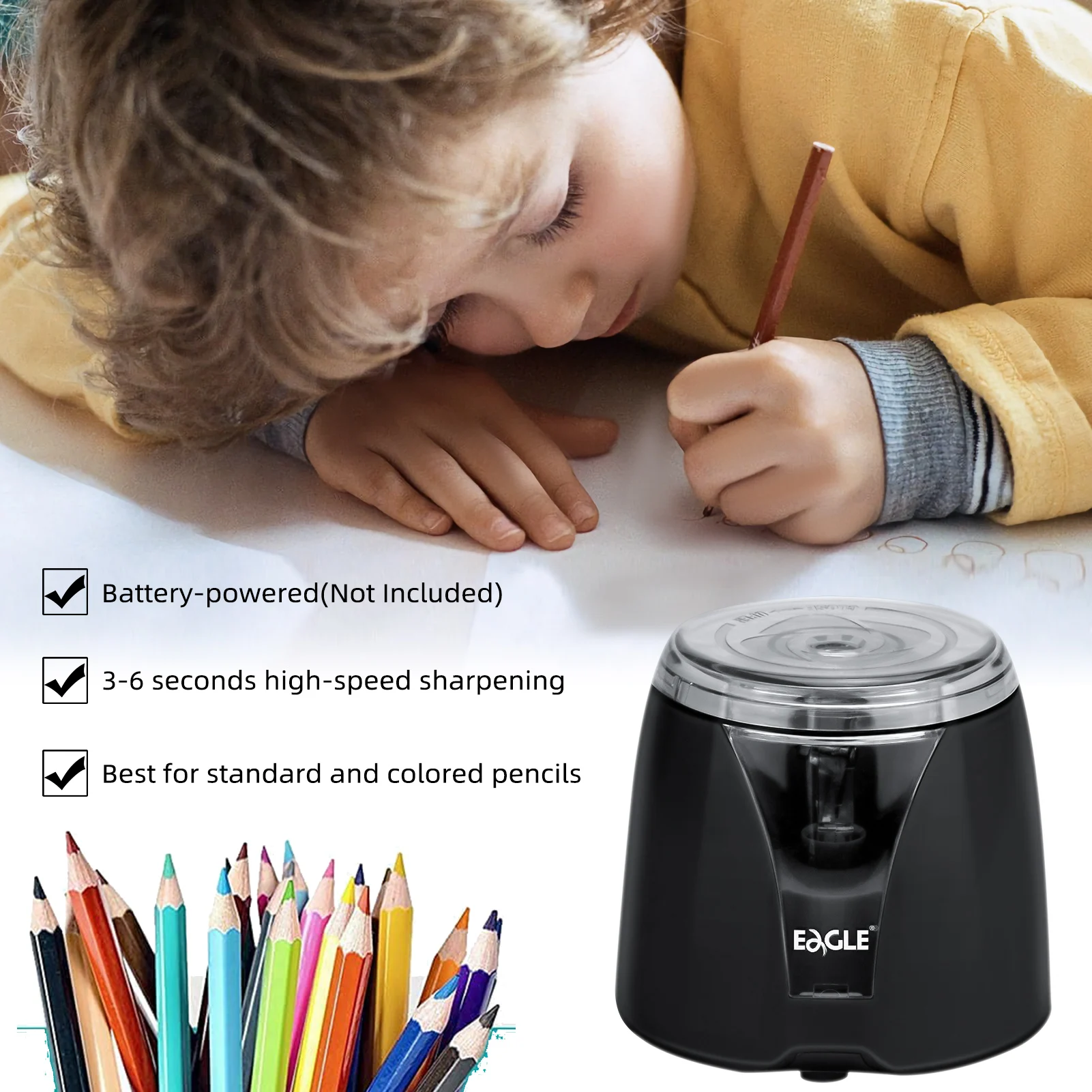 Eagle Auto Electric Pencil Sharpener, Battery Operated, Replaceable Blade, Office School Supplies Stationery