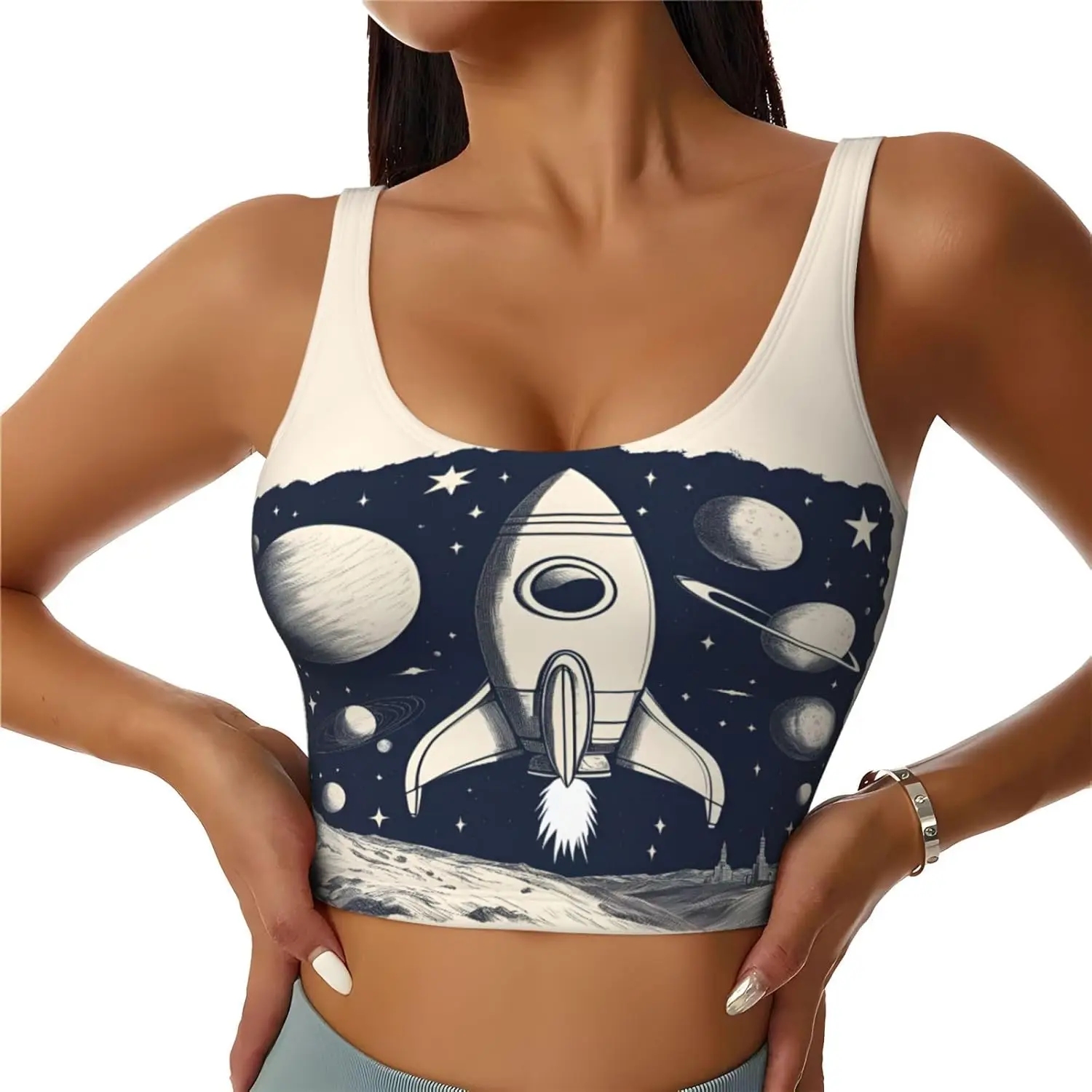 

Women's Rocket in Space Print Sports Tank Top,Lightweight Yoga Vest with Removable Padding
