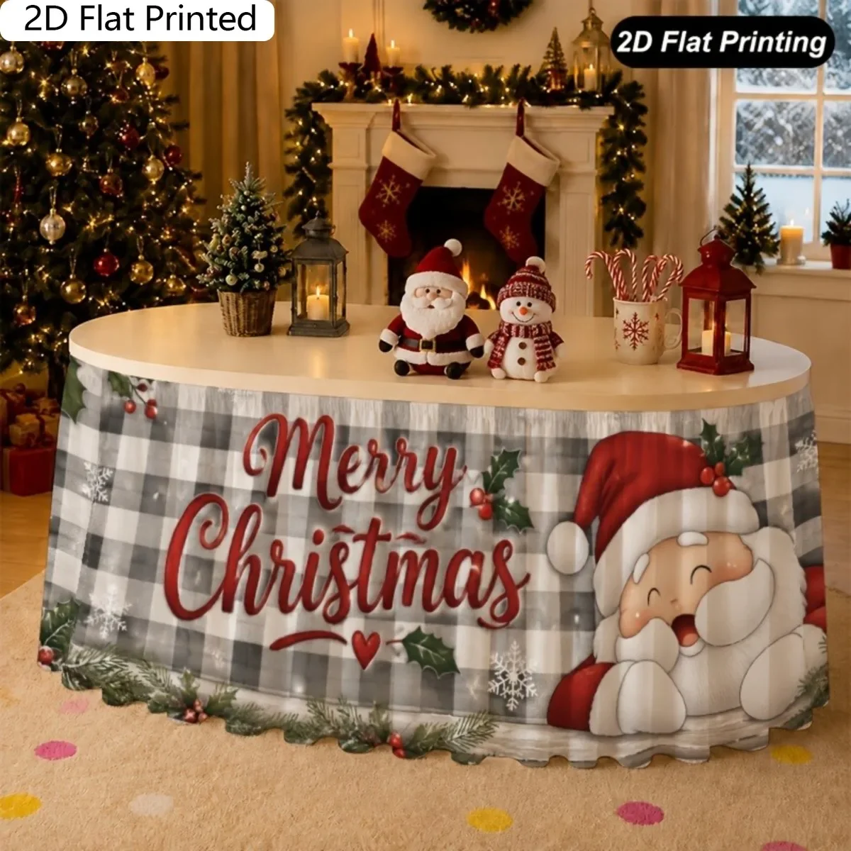 One table skirt. 2D flat-printed Christmas table skirt. Santa Claus patterned table skirt.