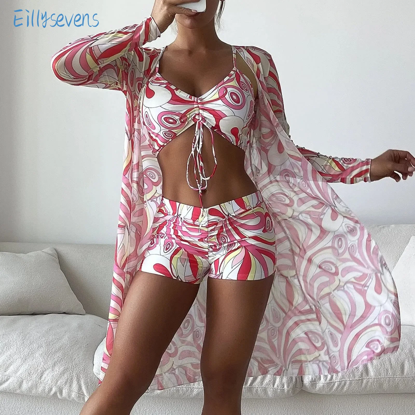 Women'S Three Piece Swimsuit Casual Drawstring Bra Tops Boxer Swim Trunks With Long Sleeve Cover-Ups Set Slim Printed Swimwear