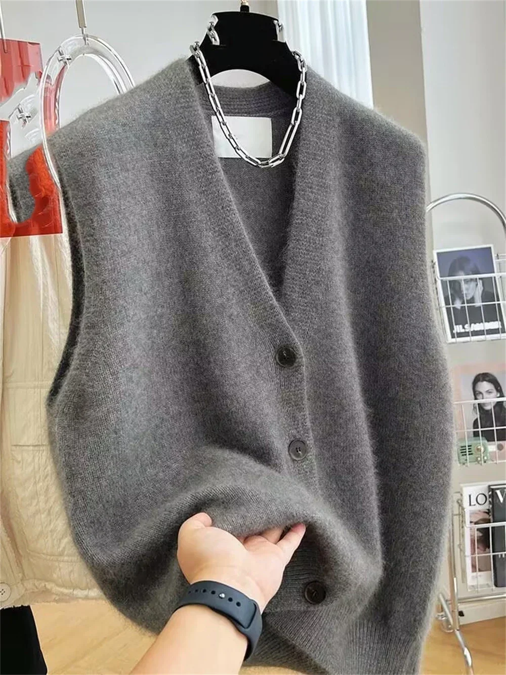 2025 nuevo suéter con cuello en V para mujer, chaleco, abrigo, cárdigan de punto sin mangas a la moda para mujer, chalecos, ropa de estilo coreano, Top