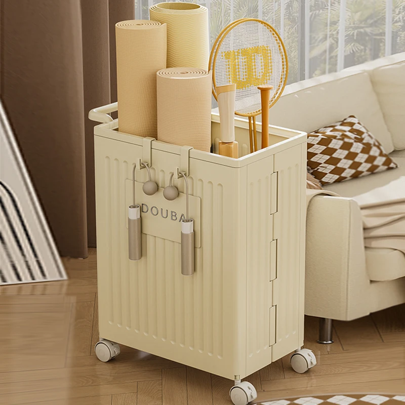 

Foldable Yoga Equipment Storage Basket PP Fitness Gear Organizer Sports Equipment Bin with Wheels Sturdy Badminton Rack