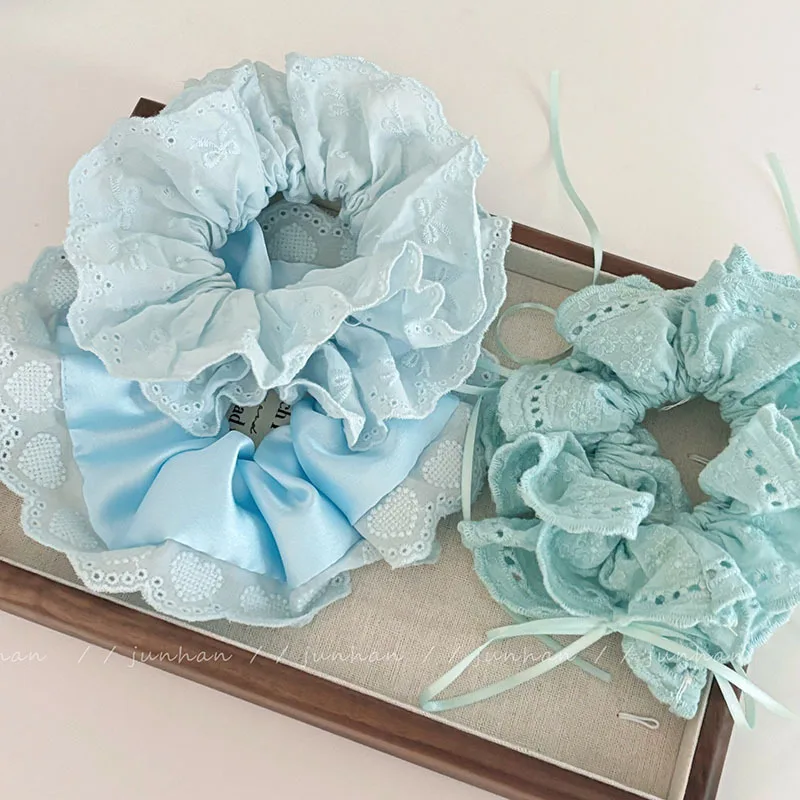 Milk Blue Sweetheart Lace Large Intestine Hair Loop Headwear High Elastic Accessories Back Spoon Pan Hair Headrope  Accessories