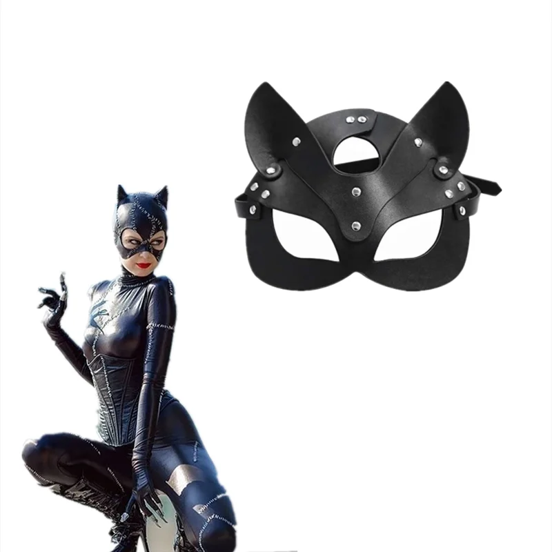 Sexy Girl Cat Selina Kyle Mask Bruce Wayne Cosplay Costume Latex Headgear Fox Eye Mask Face Shield Leather Adult Prop