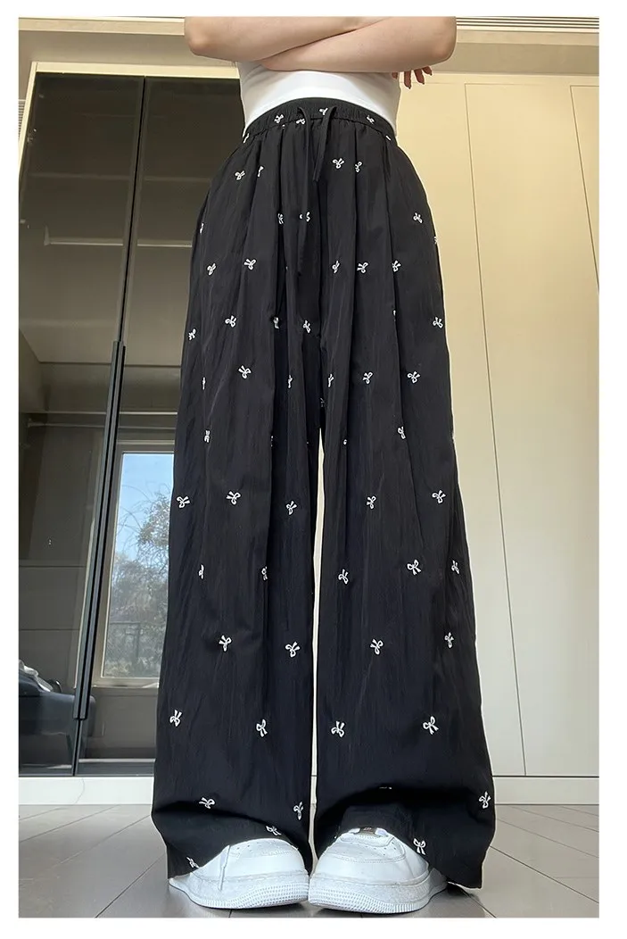 와이드 레그 팬츠 코튼 여성용 가을 클래식 트랙팬츠 세로 주름 성인 미니멀리스트 맞춤형 디테일 바지 하이스트리트 Y2K