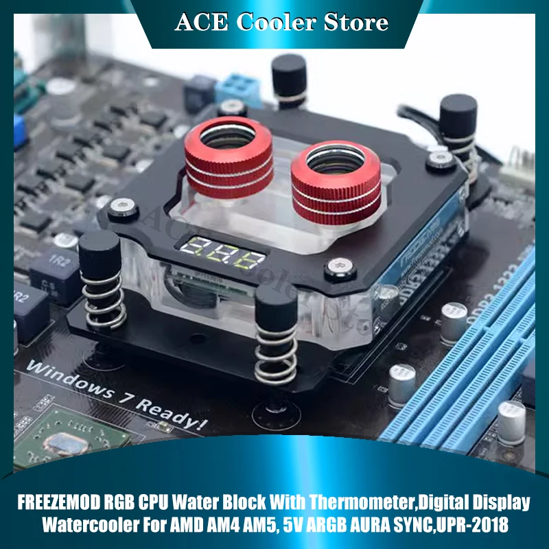 

Водяной блок процессора FREEZEMOD RGB с термометром, водяной охладитель с цифровым дисплеем для AMD AM4 AM5, 5 В ARGB AURA SYNC, UPR-2018