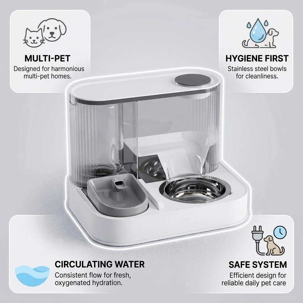 ステンレス製ペット用ウォーターファウンテンフィーダー、デュア - Automatic Pet Feeder Dual Bowl Stainless のレビューと価格