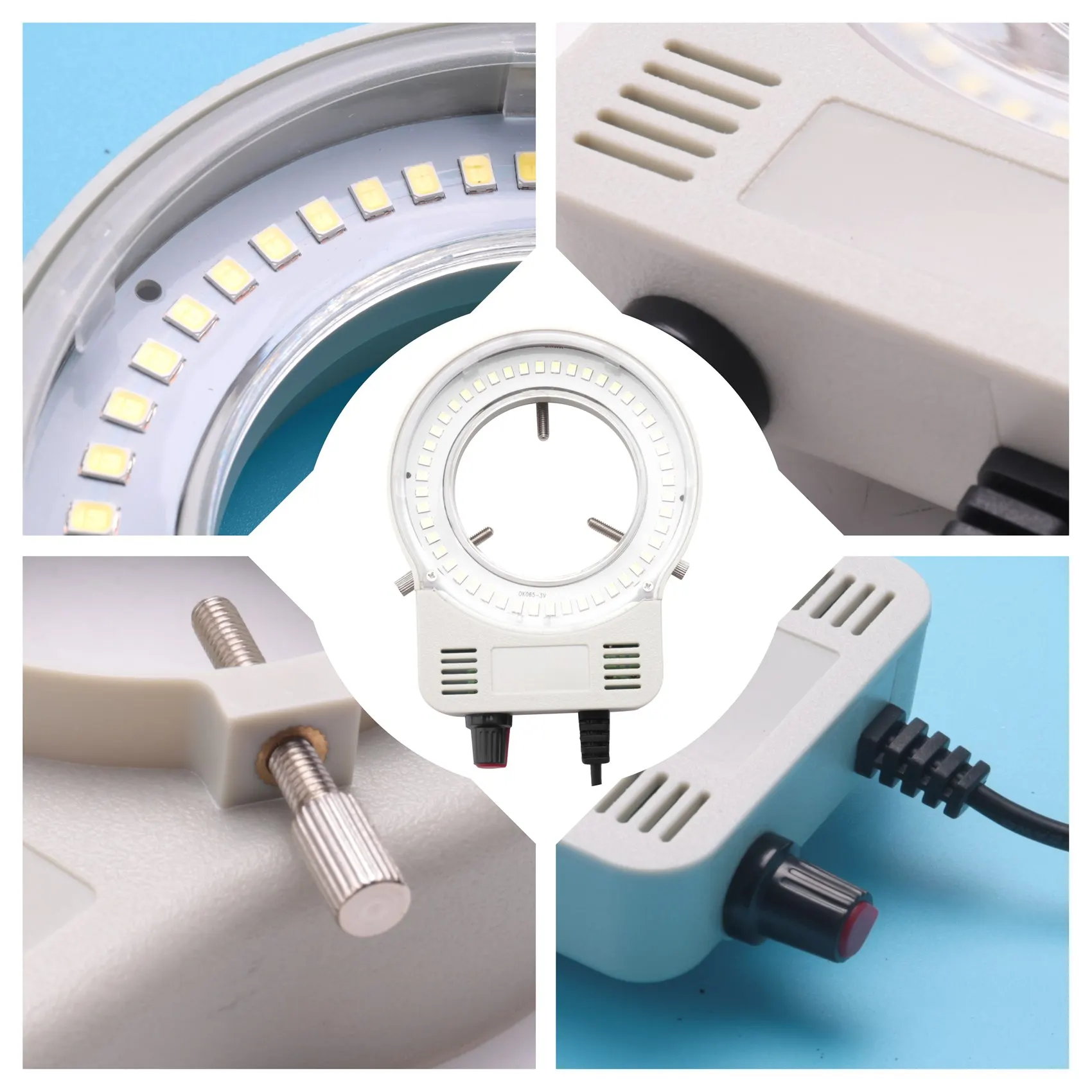 Microscópio Industrial Camera Fonte de luz, lâmpada do anel, iluminador, brilho ajustável, interface USB, 48 LED