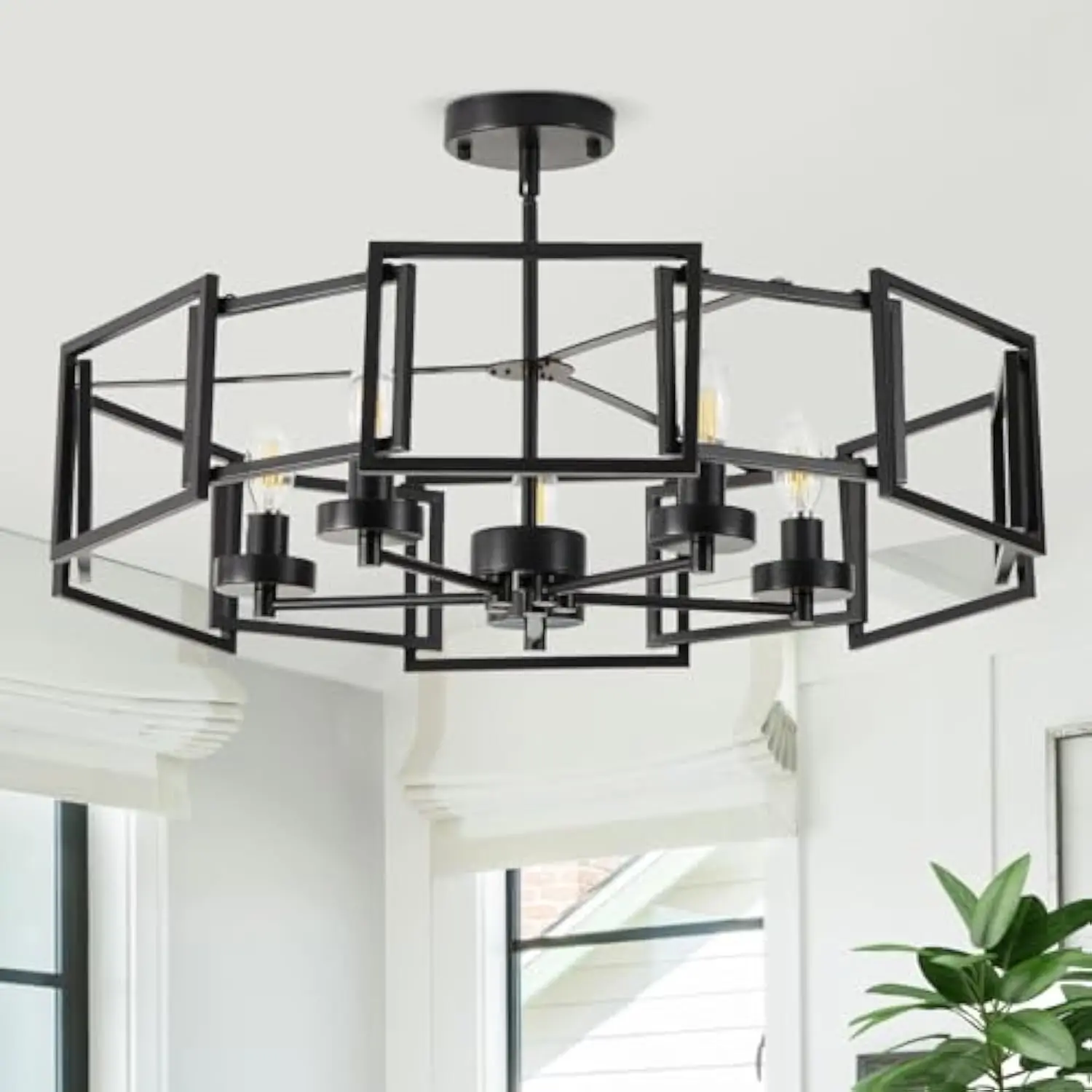 

24‘ Industrial Chandelier, Black Finish Geometric Shade Semi Flush Mount Ceiling Light for Kitchen Island, Dining Room, Bedroo