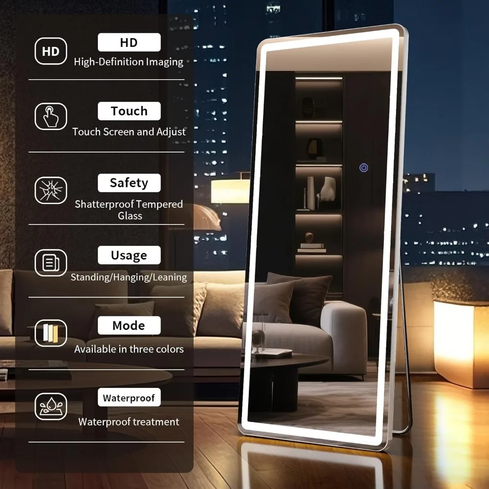 Lustro podłogowe z podświetleniem LED - Lustro stojące na całej długości 71x26 z regulacją jasności i 3 trybami kolorów - Montaż ścienny lub na stojaku