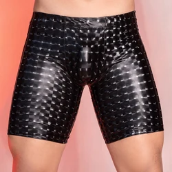 PU Faux Leather Knee Length Pants Low Rise Elastic Tight Print Shorts Boxers SM Men's Passion Underwear Outdoors Underpants