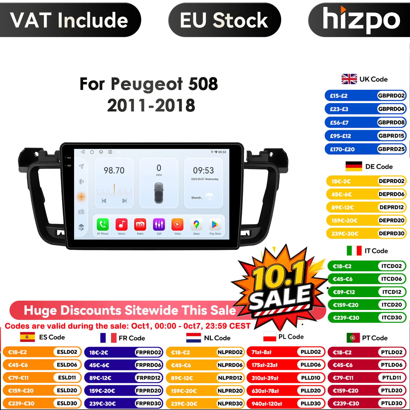 9 ''10.33'' 7862 schermo QLED 2din Android autoradio lettore Video multimediale per Peugeot 508 508 SW 2011-2018 GPS Carplay 4G RDS