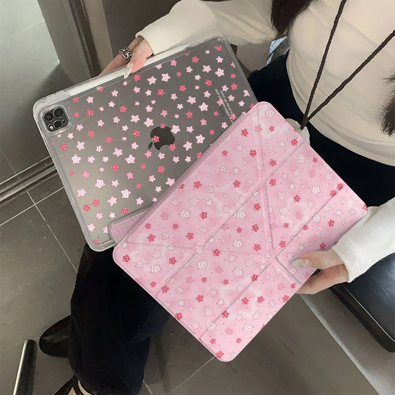 Cute Pink Star Girl Y2K Y-Fold Tablet Case For iPad Pro 11 12.9 13 A16 M2 M4 M3 M5 10.2 5/6/7/8/9/10/11th Mini Air 3 4 5 6 Cover