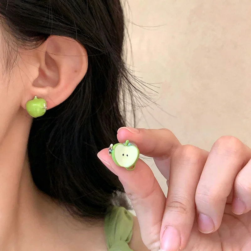 Colorful Asymmetrical Apple Stud Earrings for Women Exquisite Sweet Cute Dripping Oil Earrings Versatile Jewelry Gifts Wholesale