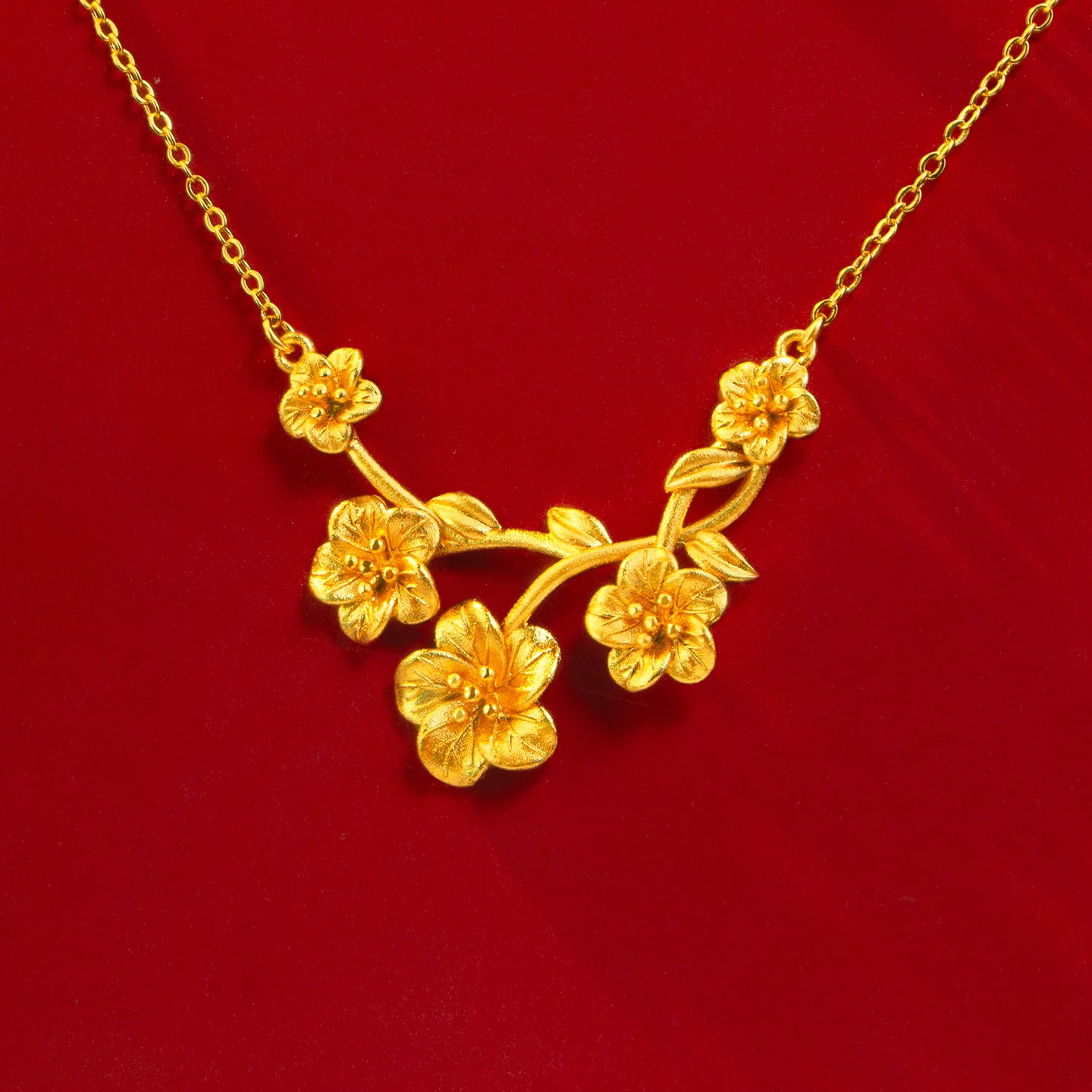 

Luxury 24K 9999 Pure Gold real gold Peach Blossom Flower Pendant Necklace Women's Fashion Flower Set Chain