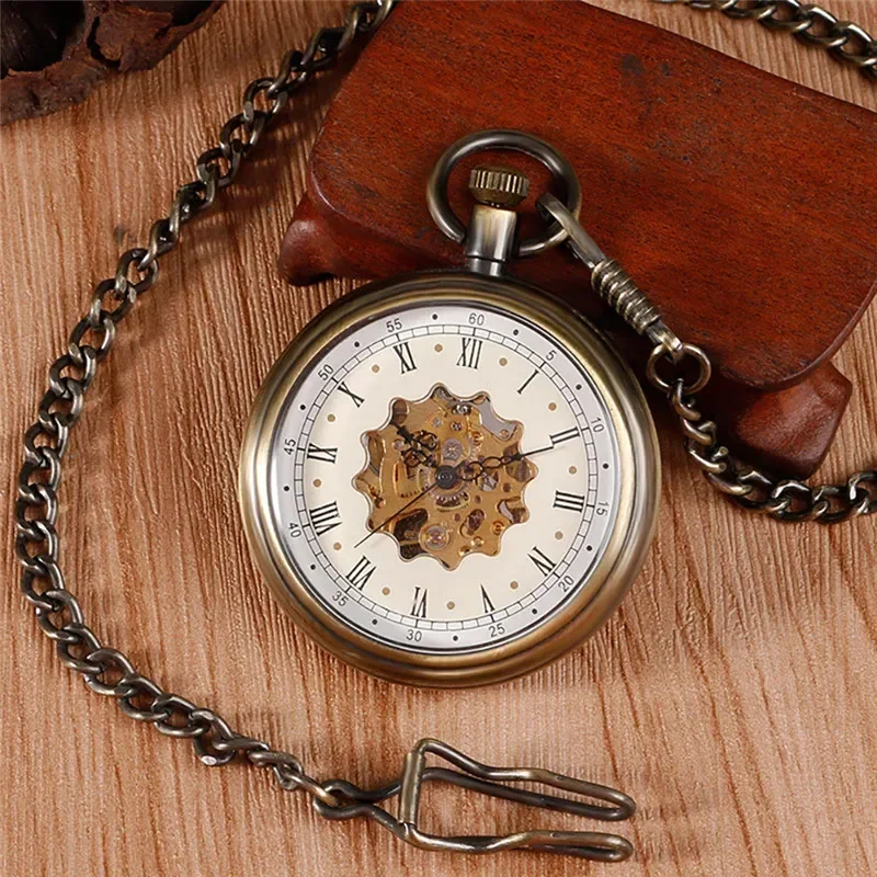 Antique Clock Men Women Mechanical Hand Winding Pocket Watch Manual Wind Up Watches Roman Number Fob Chain Timepiece