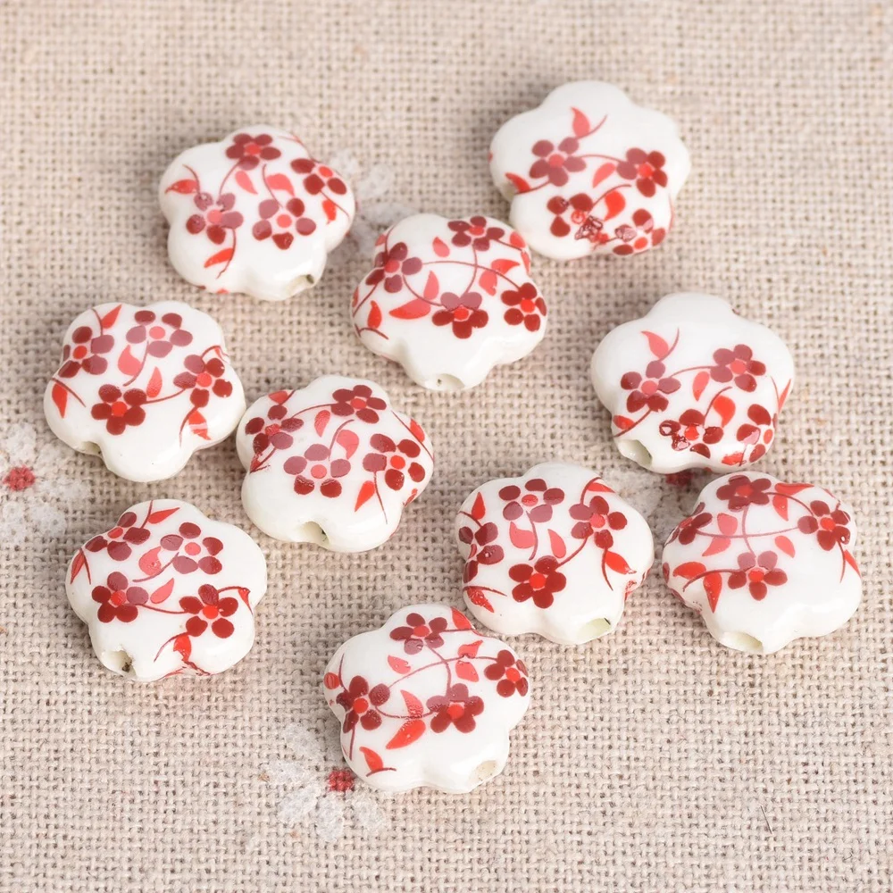 10pcs 15mm Flower Shape Patterns Ceramic Porcelain Loose Crafts Beads Lot For Jewelry Making DIY Findings