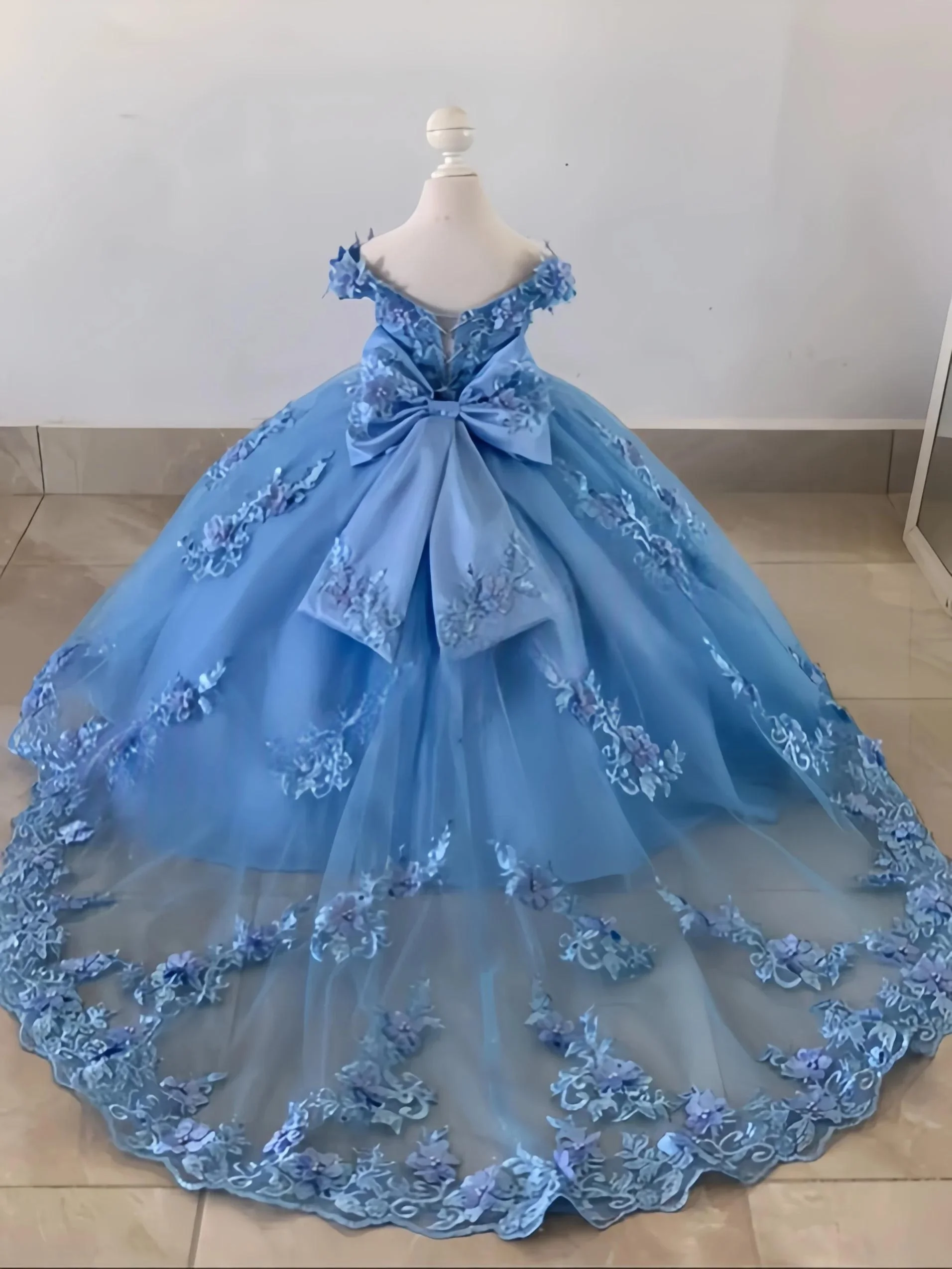 Custom Luxury Dress FlowerGirl Wedding Pageant Blue Lace Tulle Train Kids Luxe Birthday Guest Formal Evening Runway Ball Gown