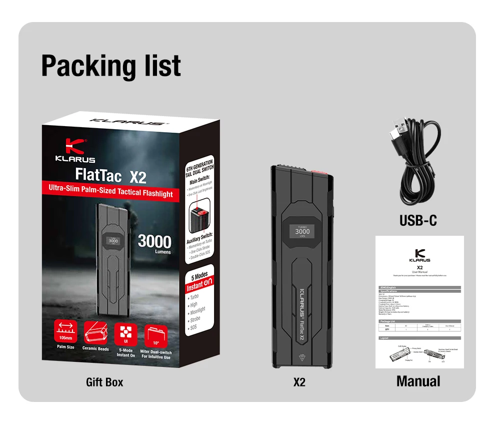 Klarus X2 Linterna táctica EDC ultrafina tamaño palma 3000 lúmenes Batería incorporada de 1500 mAH